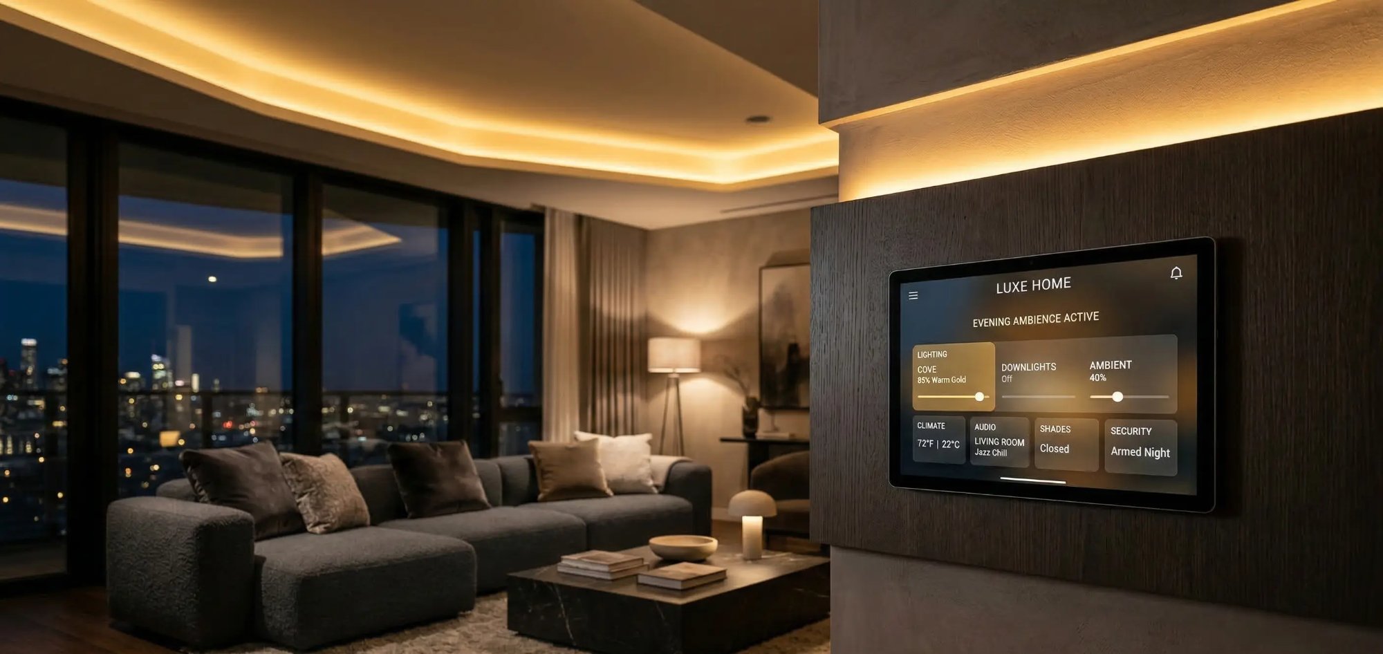 Ambiente residencial com iluminação automatizada